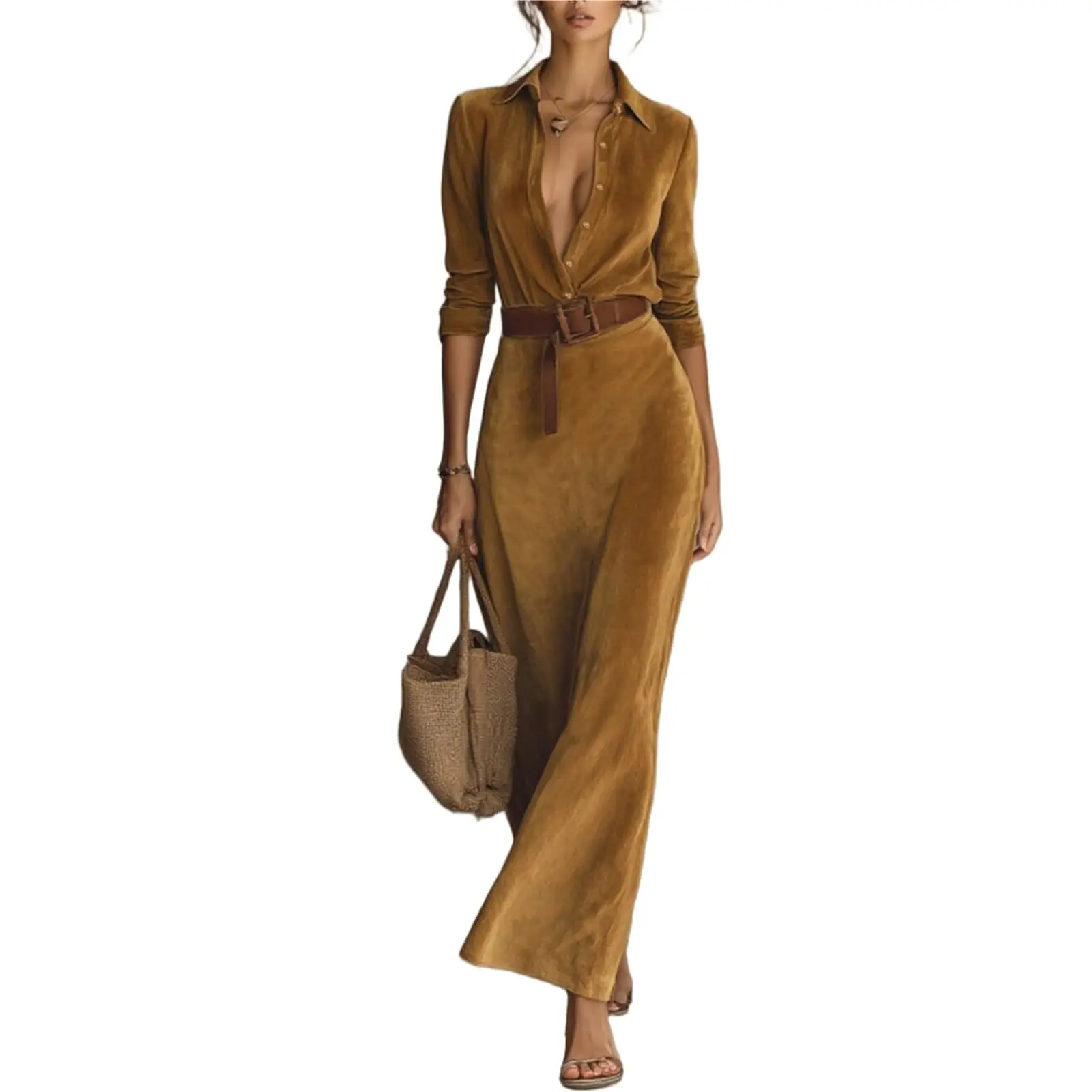 Women's Minimalist Solid Belted Lapel Shirts Dress Winter Long Sleeve High Waisted Suede Dress Female Casual Party Maxi Dresses