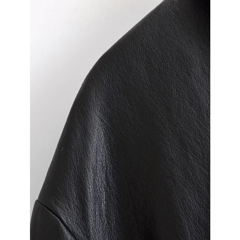 Guobioziy New Women's Classic Commuter Style Versatile High End Two Tone PU Leather Short Jacket Zipper Closure Polyester Fiber
