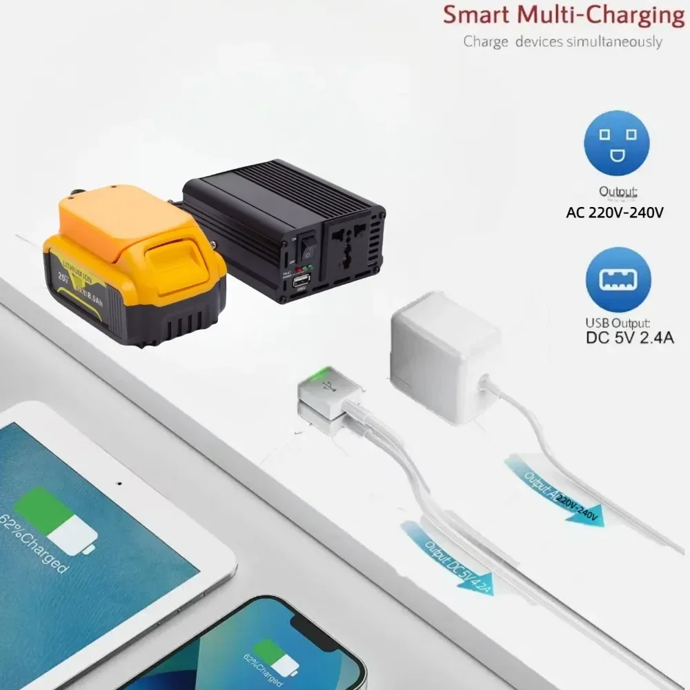 Imagem -03 - Adaptador de Tomada de Inversor de Energia Portátil de 200w para Bateria Dewalt 18v xr dc 1520v para ac 220v Alimentado com Usb 5v 2.4a para Reino Unido ue au