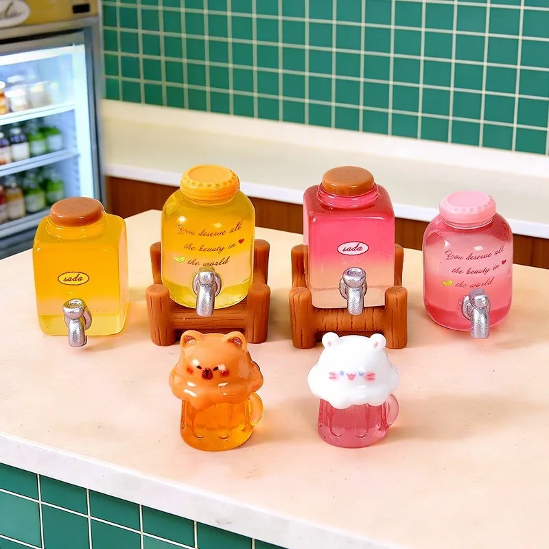 7PCS Mixed Beer Barrel Resin Charms Orange Pink Square Round Capybara Cat Cup Dollhouse Desktop Decor