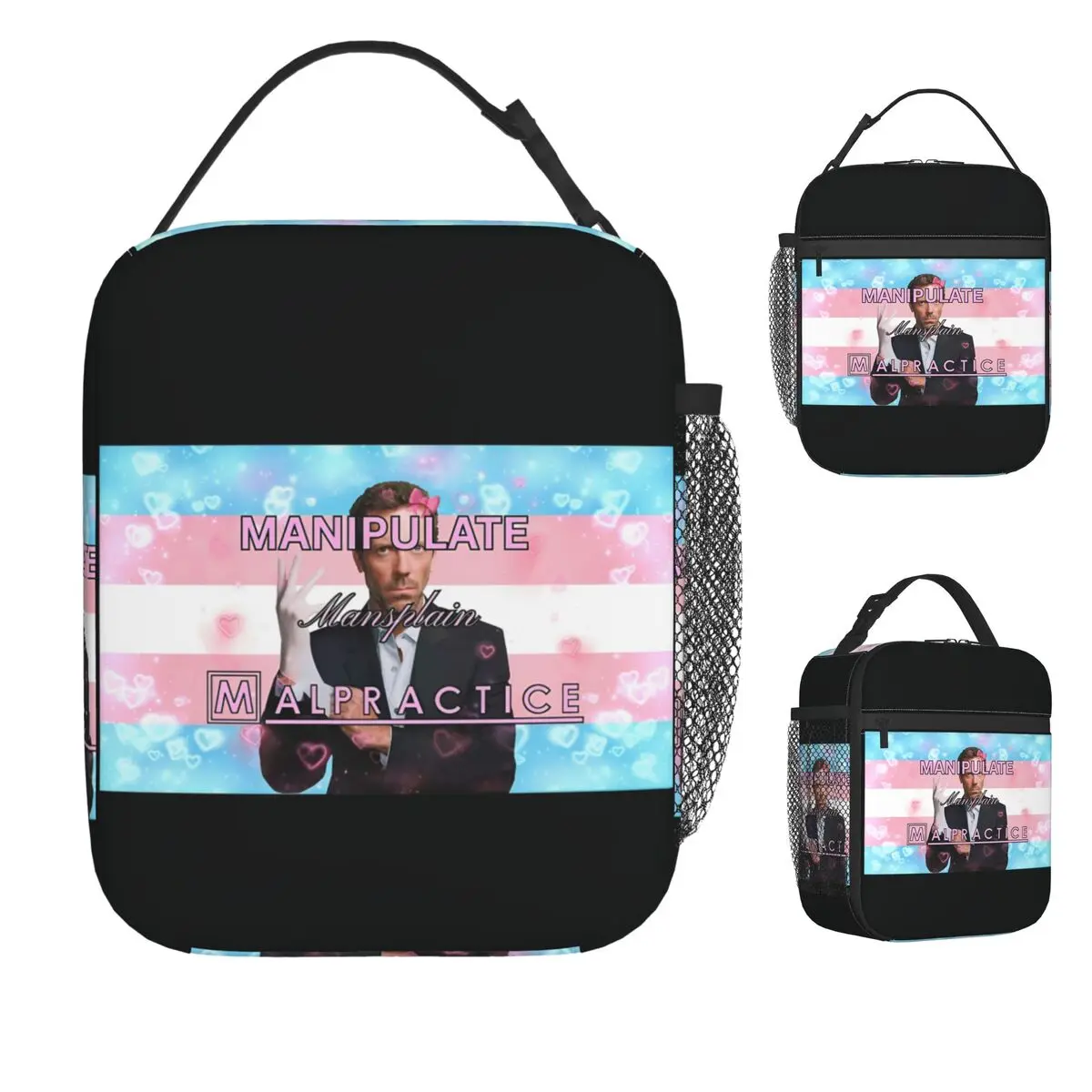 

House MD Manipulate Mansplain Mal Wilhelm Hearts Trans Flag Сумка для обеда Забавный ланч-бокс для унисекс Сумка-холодильник Большая сумка для еды