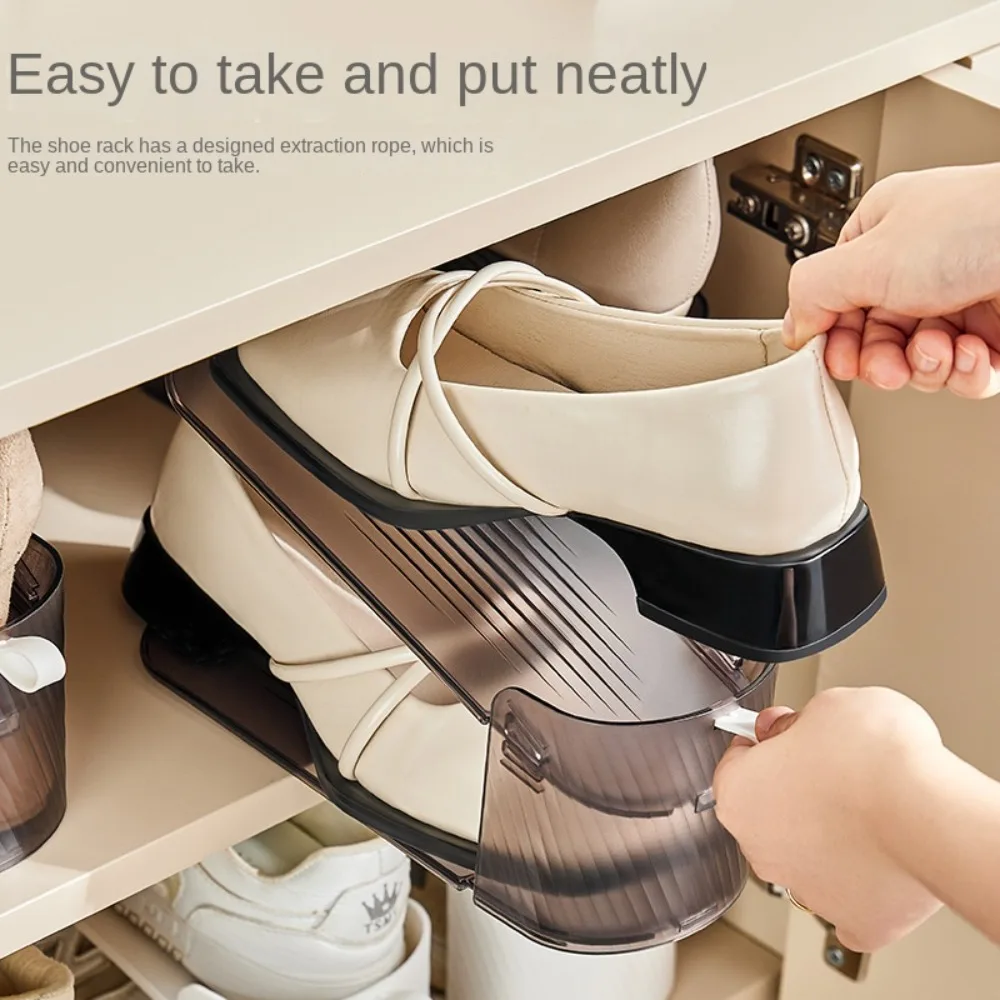 PP Adjustable Shoe Rack 3rd Gear Height Adjustment Extraction Rope Design Shoe Organizer Double Layered Anti Slip Stripe