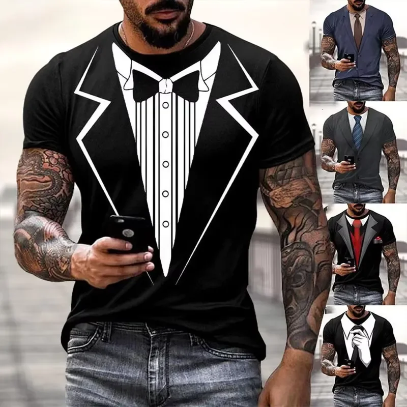 2026 Summer Funny Fake Suit 3D Tailcoat Bow Tie Print T Shirt Men Casual Personality Novelty Tee Top Fashion Graphic Tees