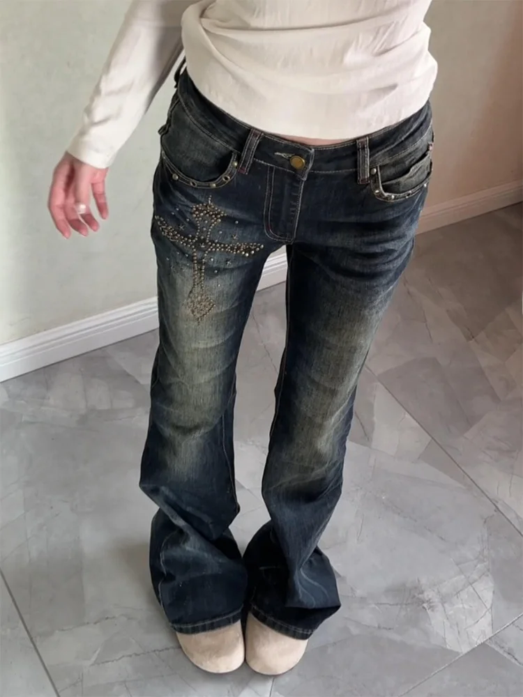 

Retro Distred American High Street Design Cross Drill Denim Women's Hot Pants Slim Micro Flare Long Trousers