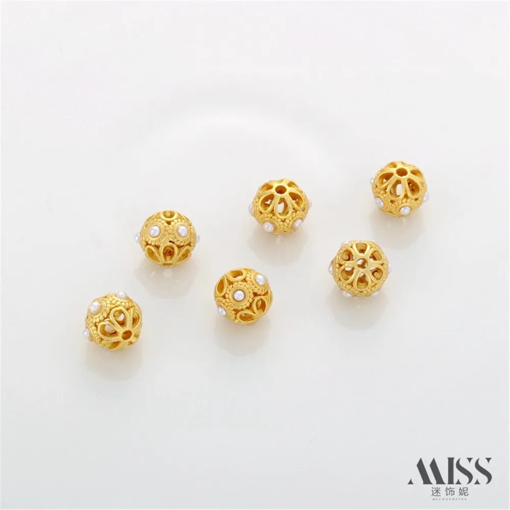 18K Gold Matte Gold Hollow Inlaid Shell Beads Flower Ball Bead Diy Pearl Bracelet Necklace Loose Bead Flower Bead Accessories