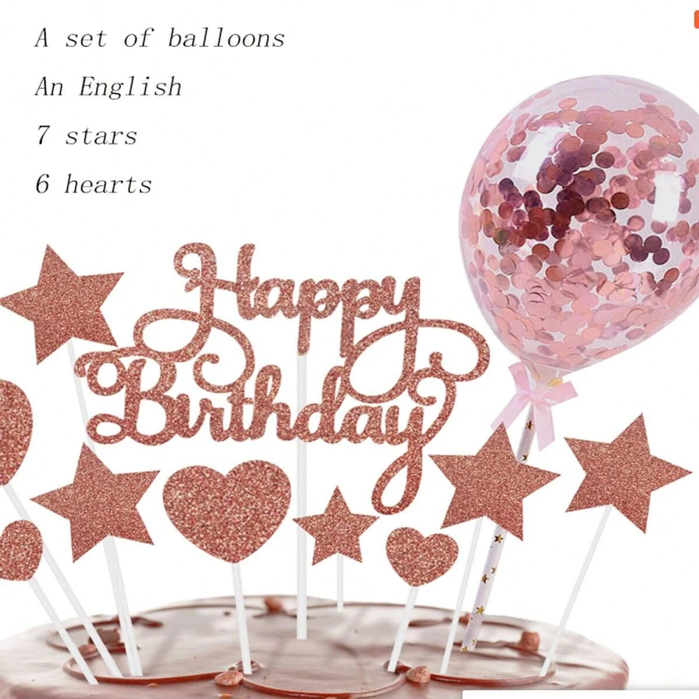 14Pcs/set Happy Birthday Cake Toppers DIY Balloon Cake Decor Star Heart Cupcake Flag for Birthday Party Dessert Decor Baking Sup