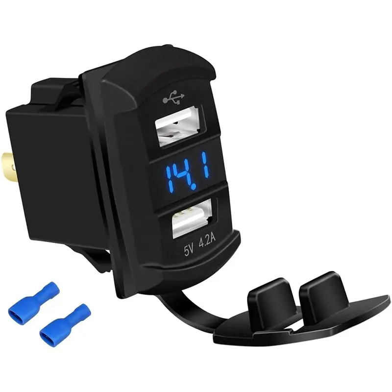 Powerful 2X Marine USB Rocker Switch 12V Dual Ports 4.2A Waterproof Outlet Socket Digital Voltmeter Blue