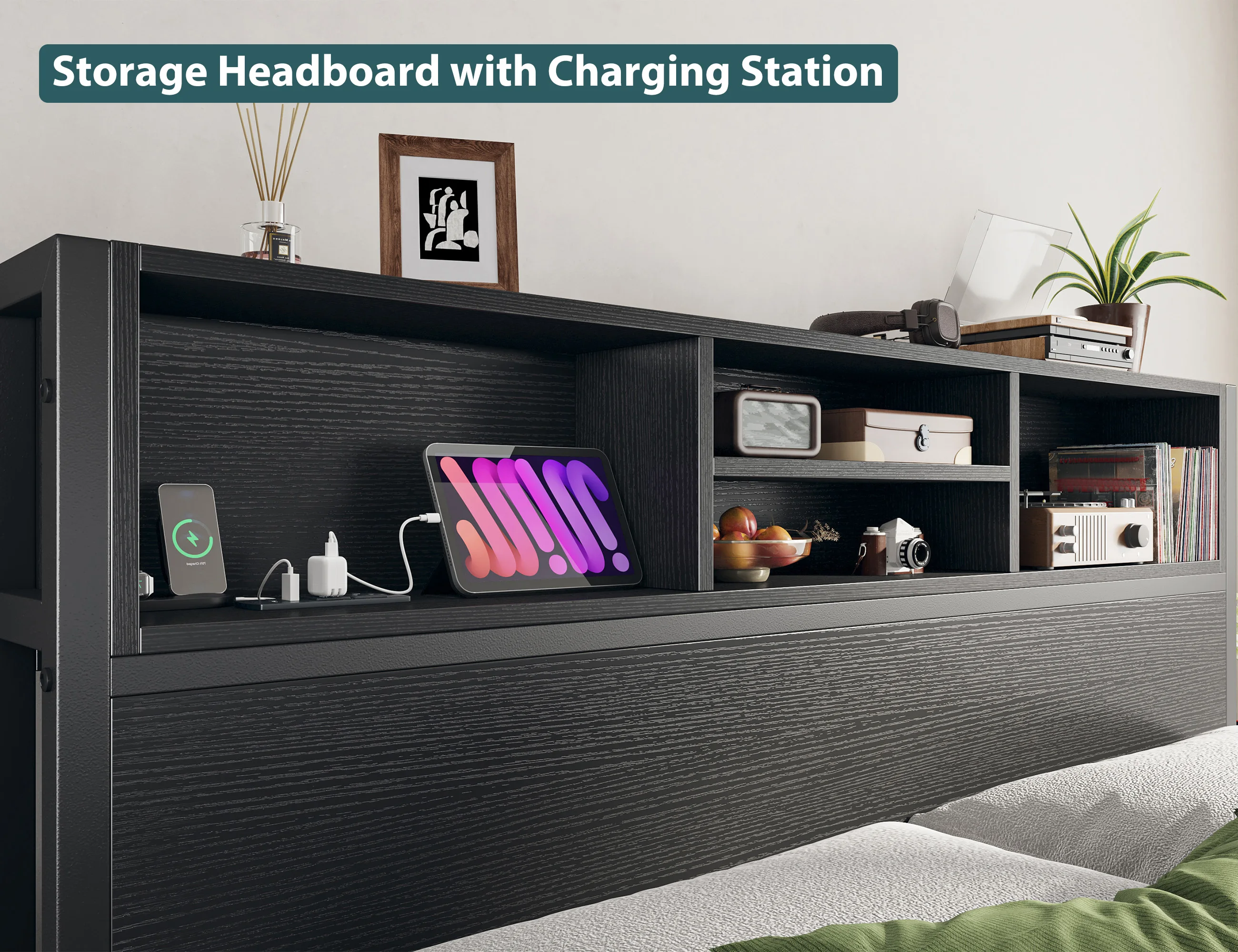 EnHomee Full/Queen/King Bed Frame with 6 Storage Drawers & Charging Station Metal Platform Bed Frame with Bookcase Headboard,No Noise view 4