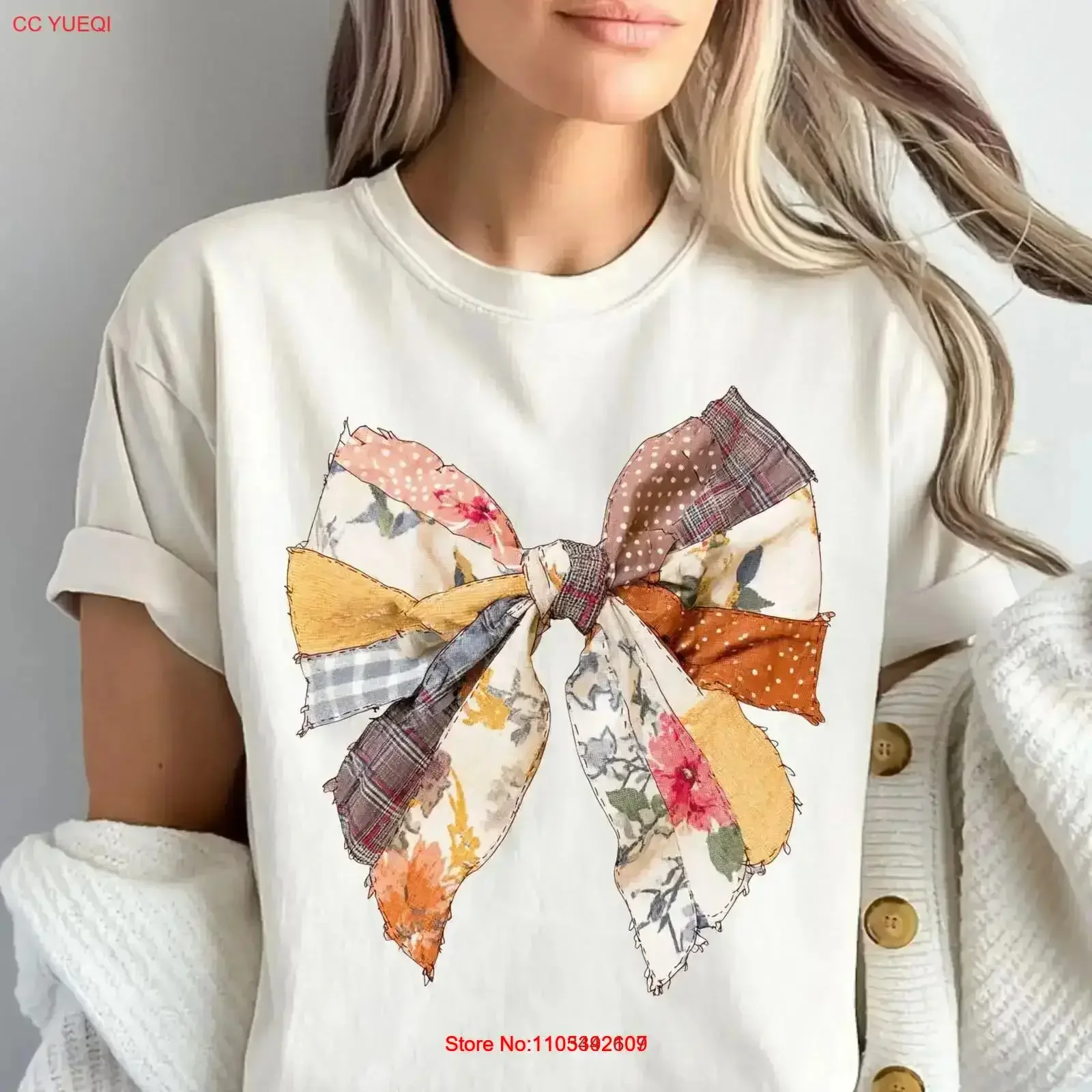 Patchwork Bow T Shirt Rustic Fall Cute Cottagecore Country Girl SweaT Vintage Farmhouse Style Top sku4 19 Washed vintage