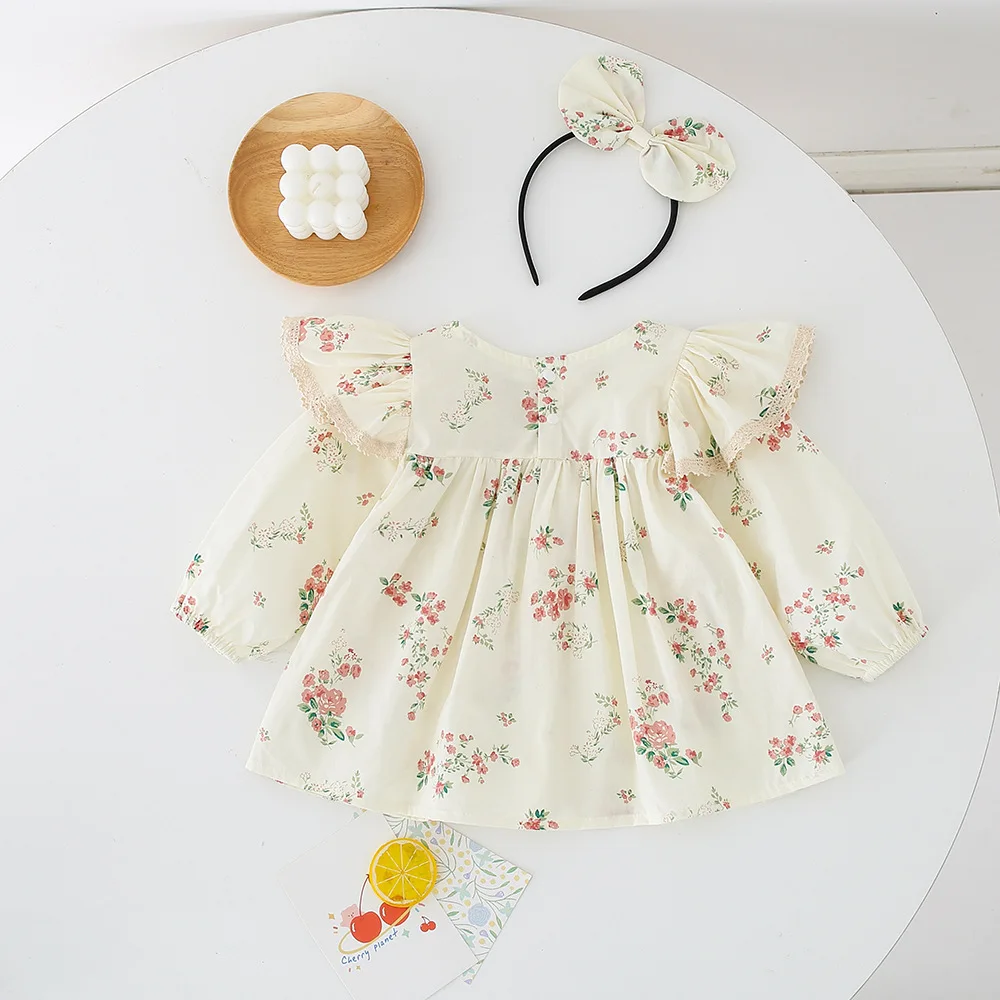 Spring 2024 ins baby girl rompers lace flower printed loose infant girls jumpsuit ruched long flying sleeve toddler girls dress