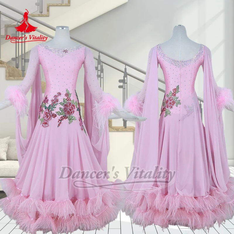 الكبار ريشة نمط الحاشية السفلية AB الأحجار قاعة الرقص فستان رقص الإناث الفالس Quickstep الملابس الفاخرة مخصص راقصة حيوية #1