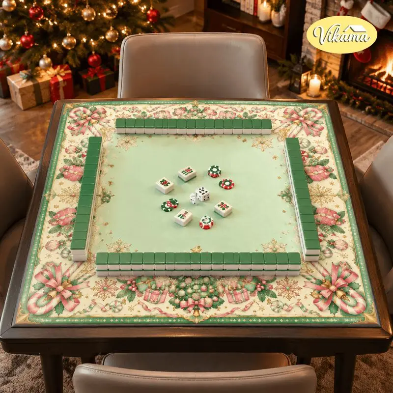 VIKAMA Christmas Mahjong Mat Candy Cane Christmas Tree Wreath Washable Folding Mahjong Tablecloth Table Pad Xmas Home Decor