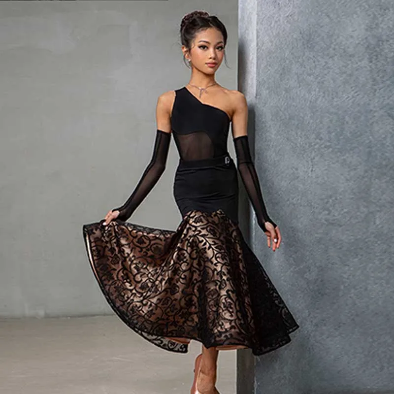 New Ballroom Dance Suit Girls Standard Waltz Tango Competition Clothes Oblique Shoulder Bodysuit Lace Skirt Practice Wear AMY442