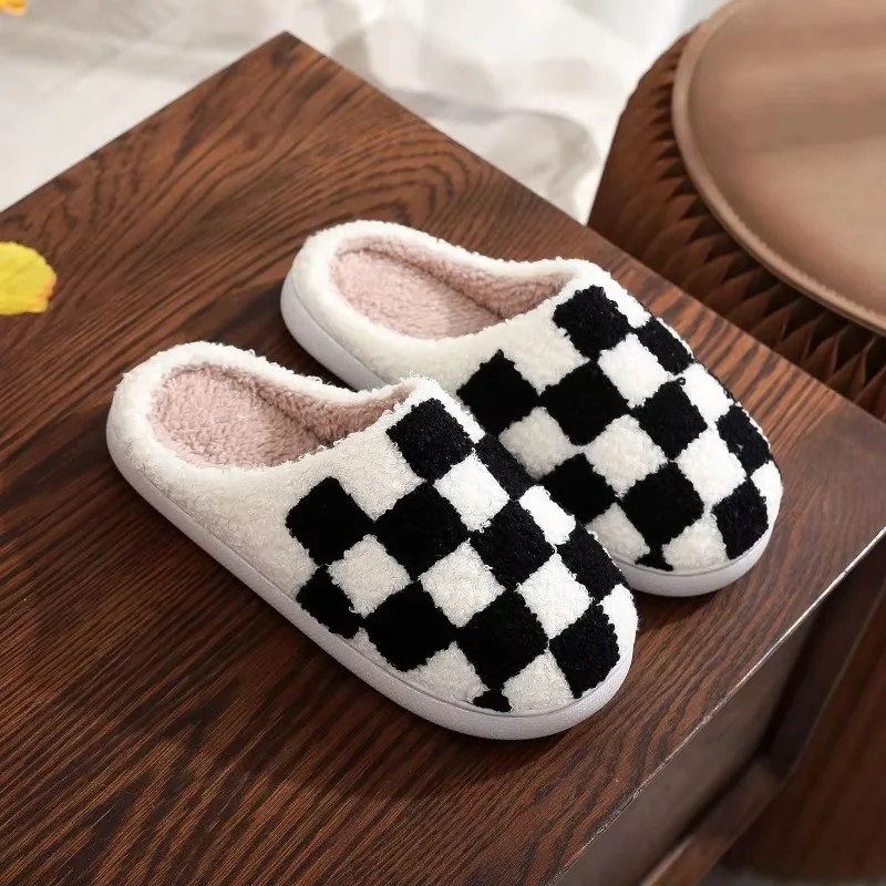 Checkered Cotton Slippers 2024 Women Winter Floor Plush Slippers Home Anti Slip Flat Bottom Comfort Soft Bottom Cotton Slippers