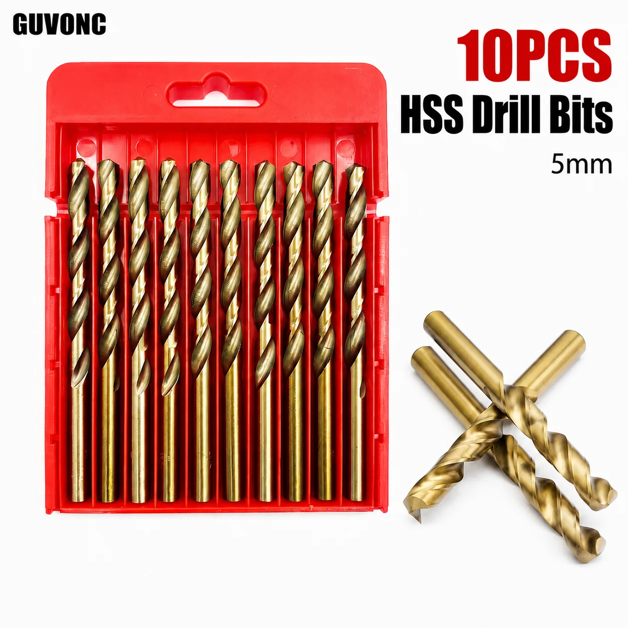 10Pcs 5mm Titanium Coated Twist Drill Bits Set with Red Storage Case, Straight Shank for Metal Wood Plastic DIY DrillingProjects