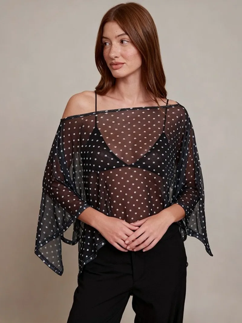 FDYOUI Camicette eleganti sexy con stampa a pois Top per donna 2025 Autunno Lady con spalle scoperte Copricostumi neri irregolari trasparenti