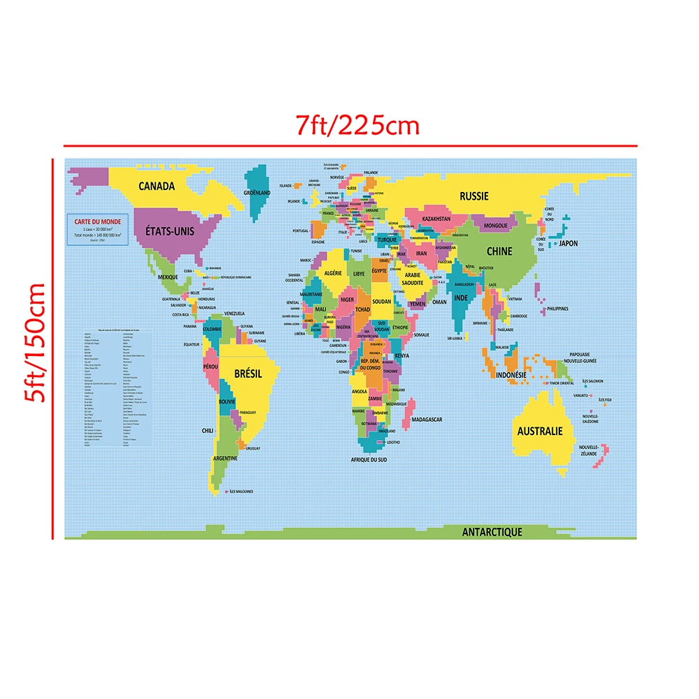 The World Map 225*150cm in French Poster Non-woven Canvas Painting Wall Decorative Hanging Picture Home School Supplies