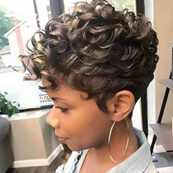 Short Ombre Hair Wigs for Black Women Afro Curly Hairstyles for Women Pixie Cut Wigs with Curly Bangs