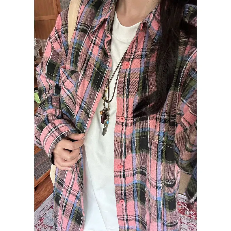 

Retro American Plaid Long Sve Men's irt Vintage Youth Trend Autumn High Sensation Couple's Cheered Outerwear