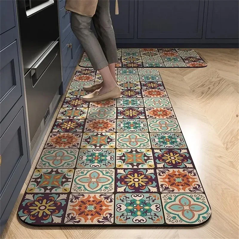 VIKAMA Bohemian Kitchen Carpet Vintage Non-Slip Resistant Dirt Laundry Floor Mat Entrance Hallway Door Mat Home Decor