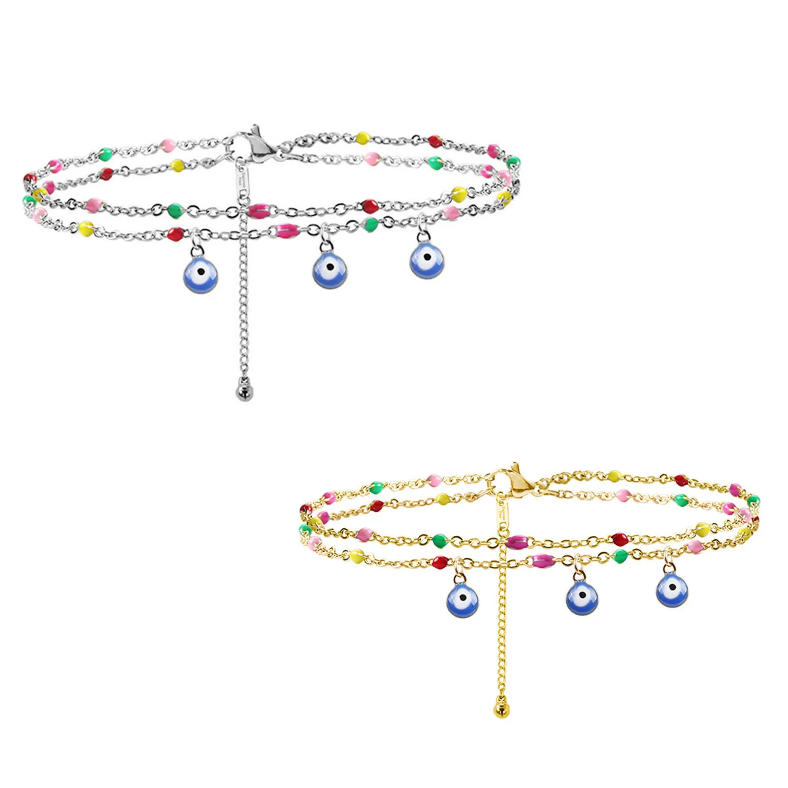 304 Stainless Steel Stylish Link Cable Chain Multilayer Layered Anklet Multicolor Evil Eye Jewelry 22cm(8 5/8