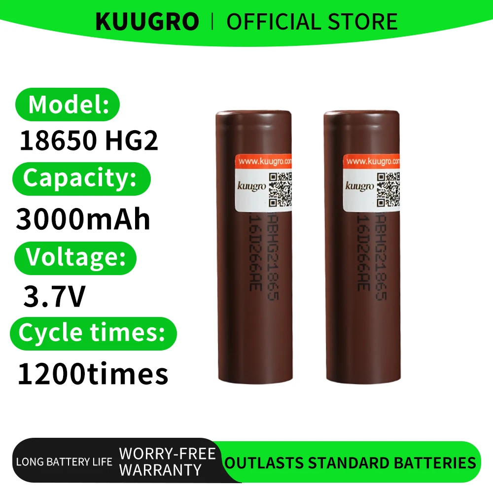 

kuugro HG2 18650 3000mAh 3.7V Continuous Discharge 30A Rechargeable Batteries For Drone Power Tools