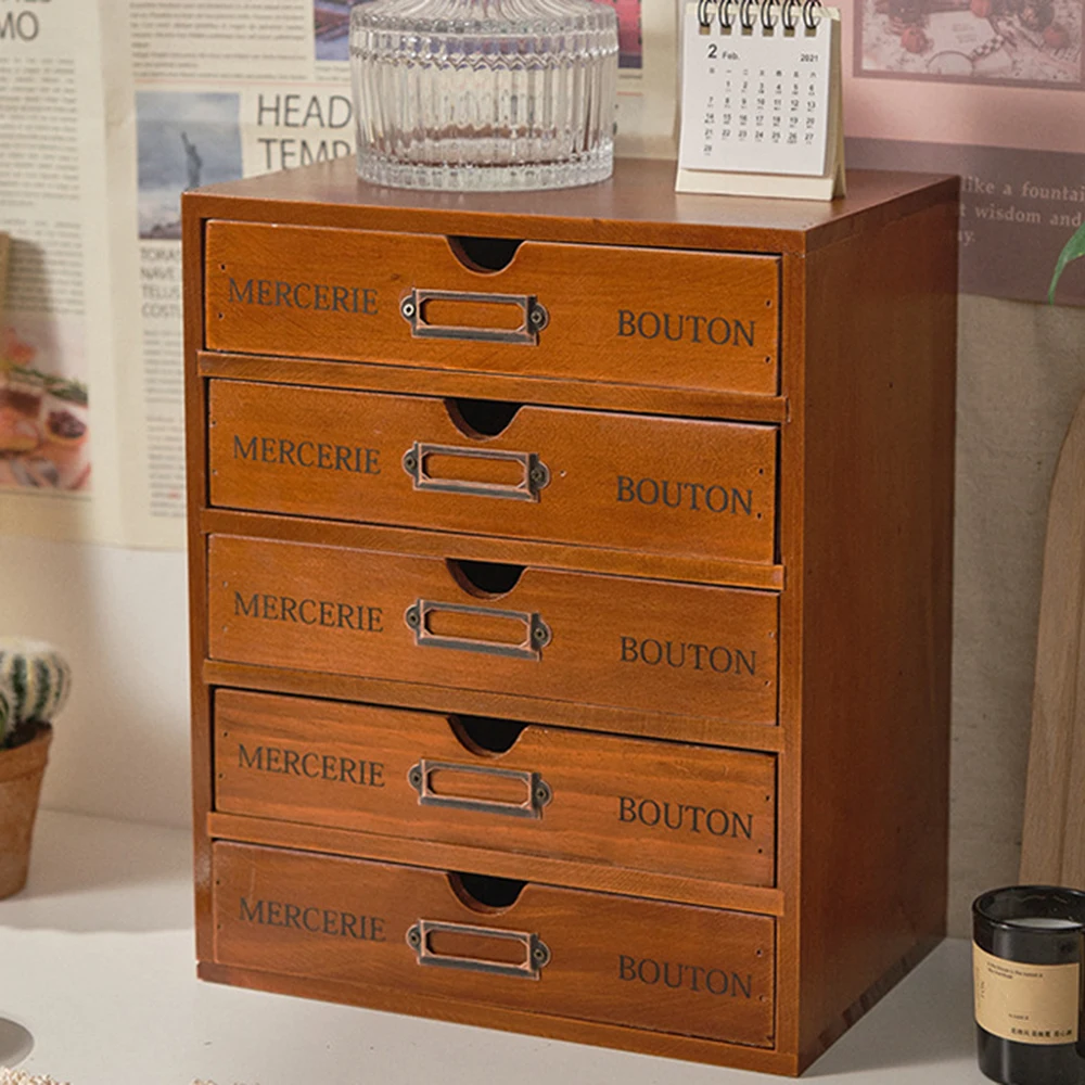 

1PC Wooden Five-Layer Drawer Storage Cabinet Dormitory Office Desktop Retro Small Countertop Storage Cabinet