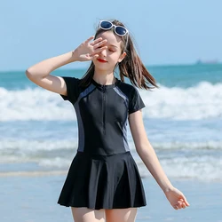 Girls' Swimwear Bathing Suit One Piece Girl Fused Swimsuits Sports Teenagers Short Sleeves Diving Pool Swim Skirt Beachwear