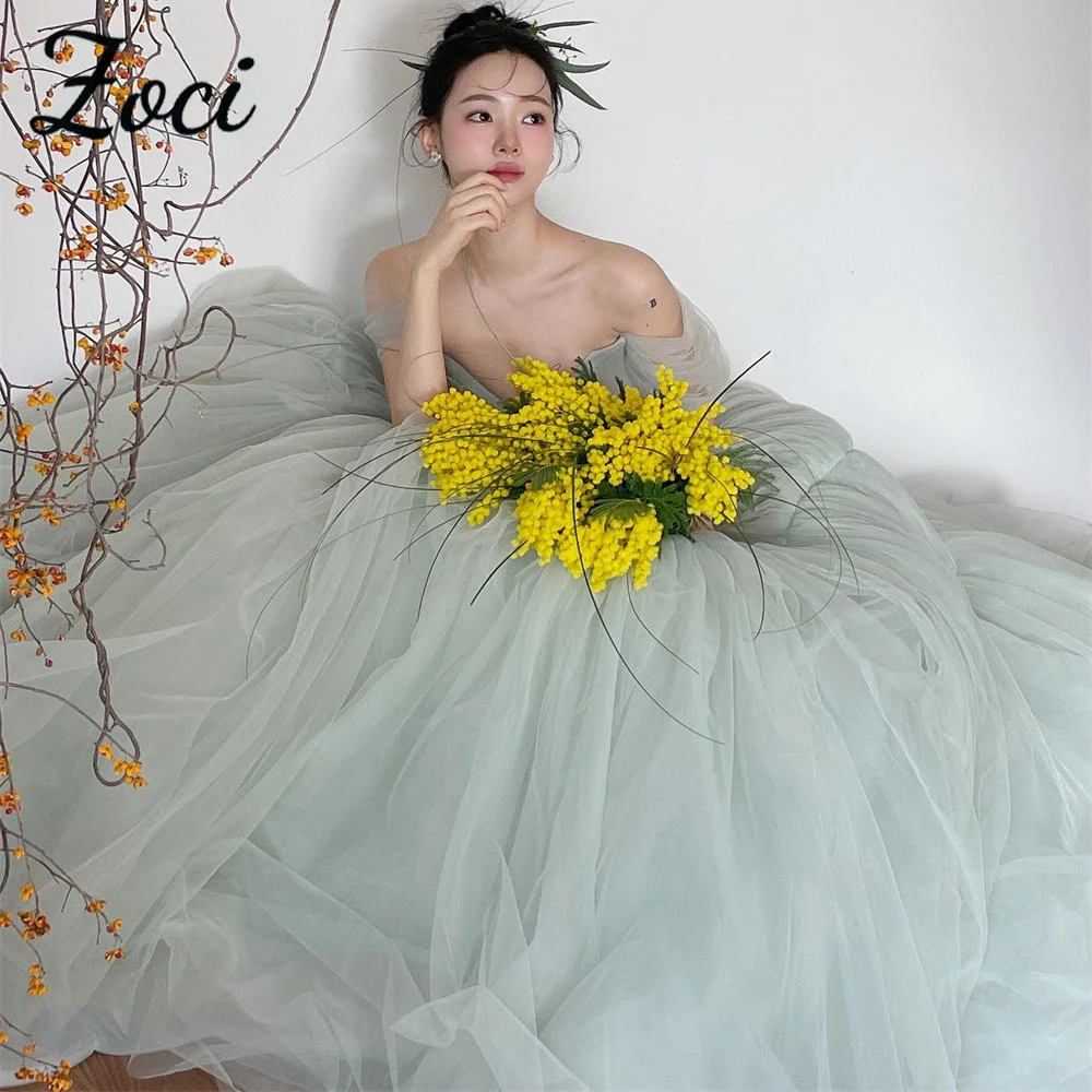 

Zoci Mint Green Off Shoulder Korea Wedding Dresses Fairy Tulle Sweetheart Evening Dress Photos Shoot Customized Bride Party Gown