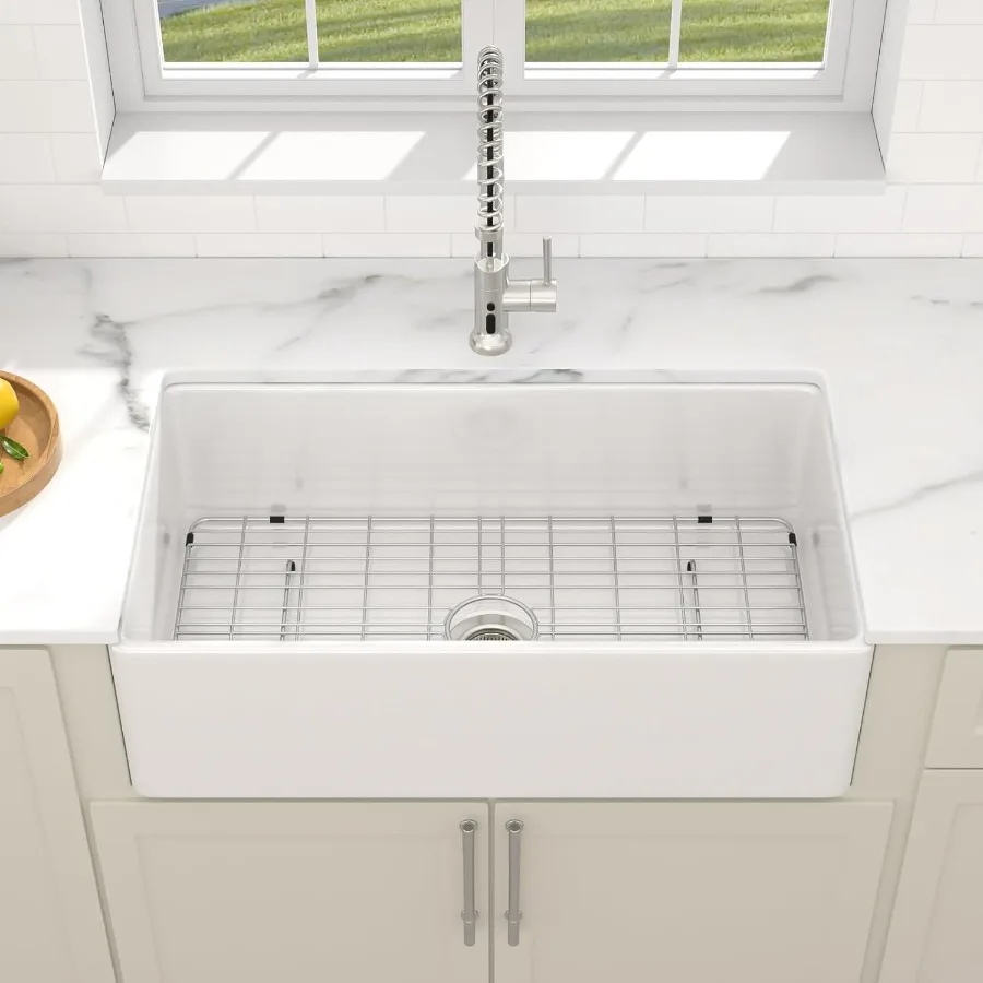 33 x 18 wendbare Bauernhaus-Waschbecken, weiße Schürze vorne, Küchenspüle, Keramik-Feuerzeug, doppelseitiges Frontdesign mit glatter geriffelter Pa