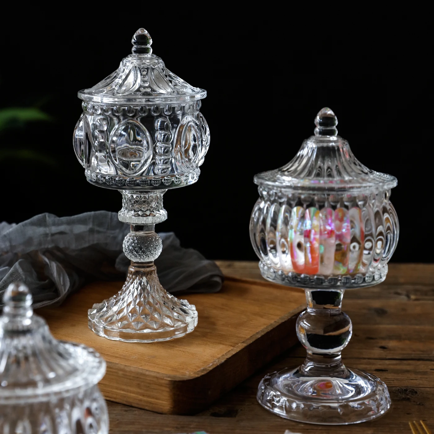 European Relief Glass Storage Jar with Lid Transparent Candy Storage Jar Home Desktop Ornaments Tall Glass Jar Ornaments