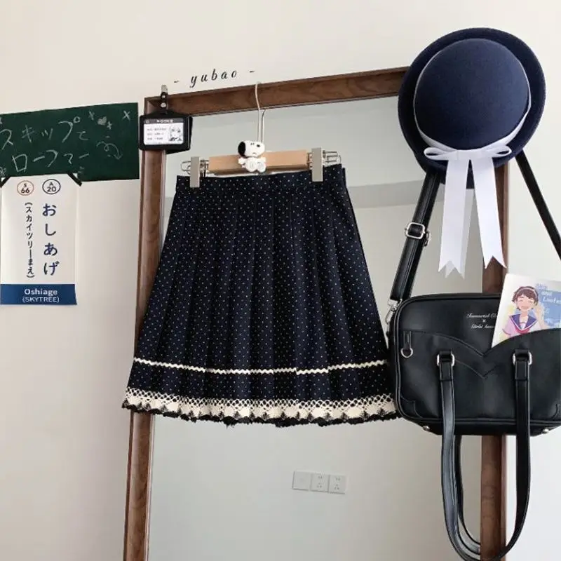 Korean Fashion Preppy Style A-Line Pleated Dot Kawaii Midi Skirt Cute JK Uniform Office White Navy Mini Skirt for Women Girls