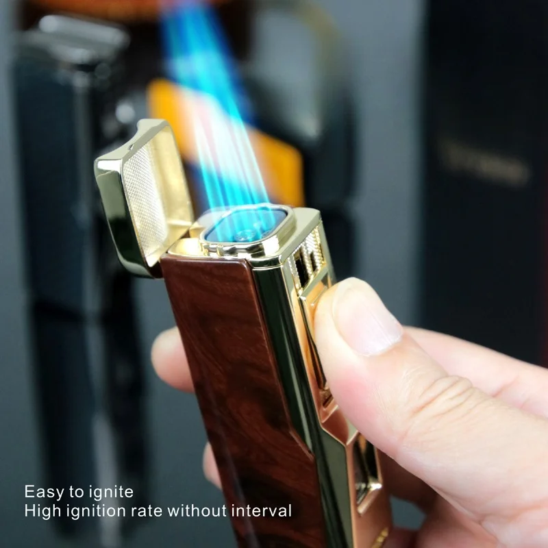 Powerful Four-flame Cigar Gas Lighter with Cigar Mouth Hole Punching Knife Integrated High-end Men\'s Lighter