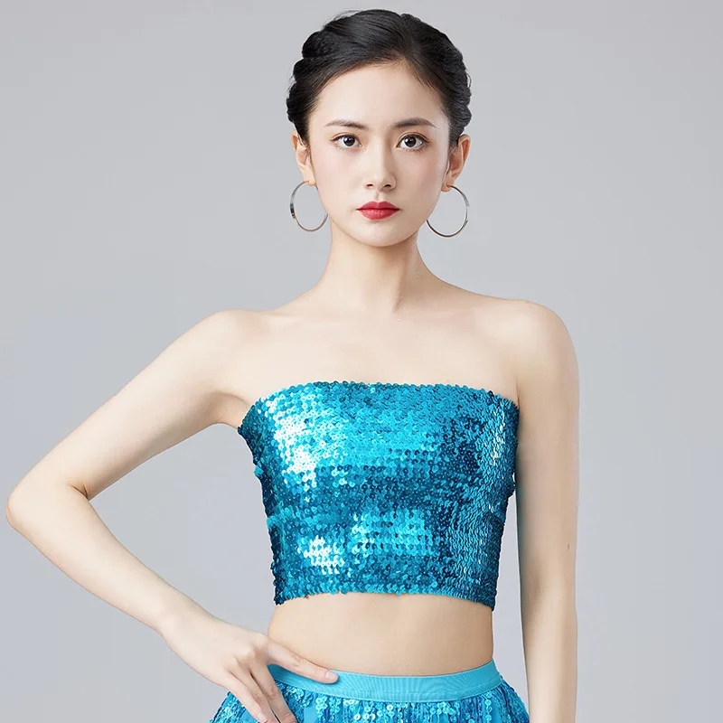 Sexy Gouden Pailletten Strapless Chic Crop Top Vrouwen Glanzende Stretch Party Clubwear Pailletten Tube Top Bandeau Tank Top Danskostuums