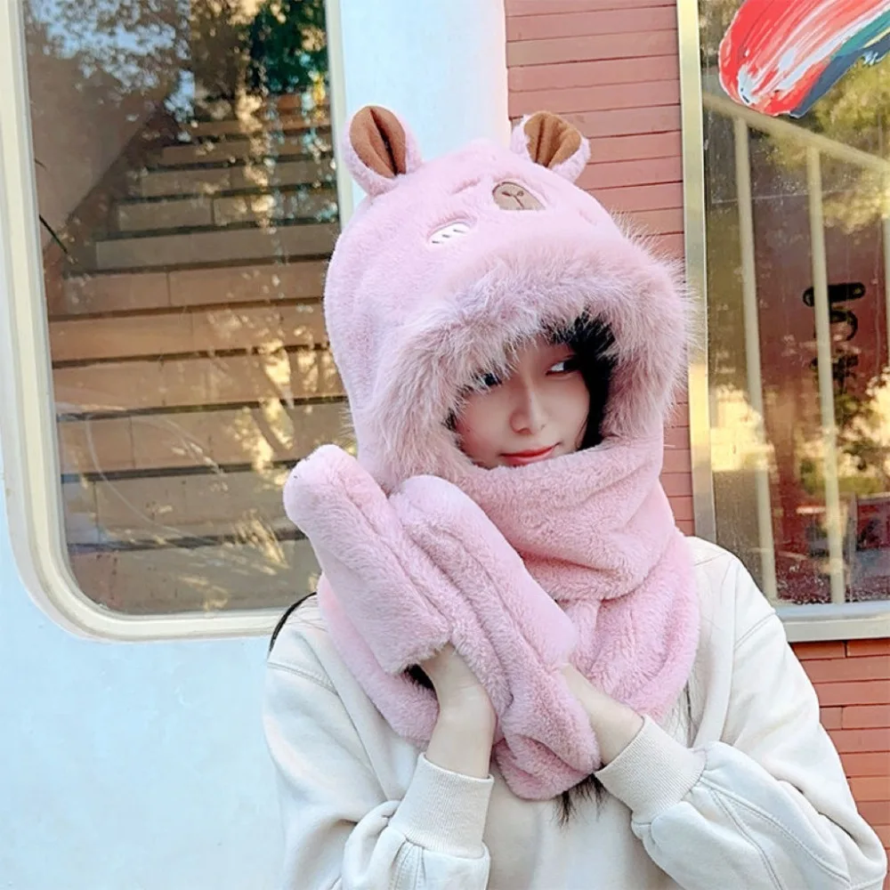 Faux Rabbit Hair Capybara Hat Scarf Gloves Set Korean Style Cartoon Plush Hooded Scarf Ear Headgear Big Pullover Hat Girls