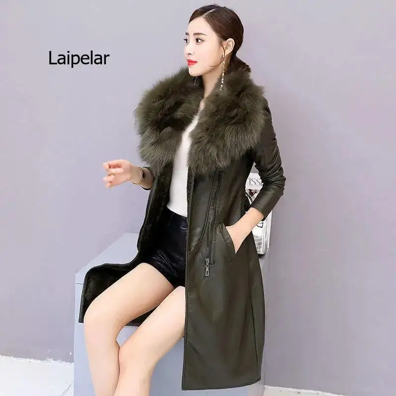 Women Winter Jacket 2022 Leather Cotton Padded Parkas Long Thicked Warm Add Velvet PU leather Jacket Female Winter Coat