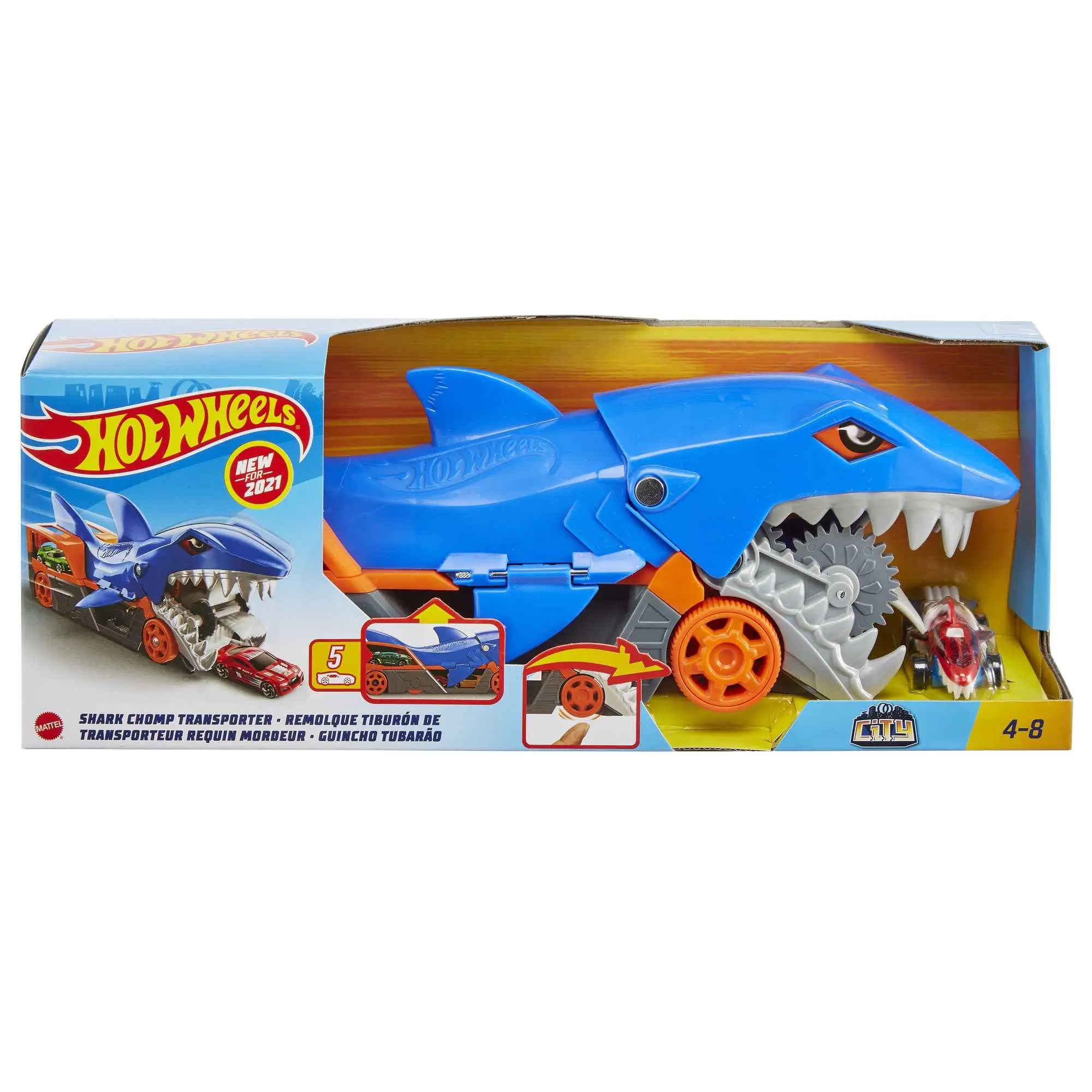 Hot Wheels Toy Car Shark Chomp Transporter Car Connects to Track and Stores 5 Scale Vehicles Toys Cars for Children Model Car