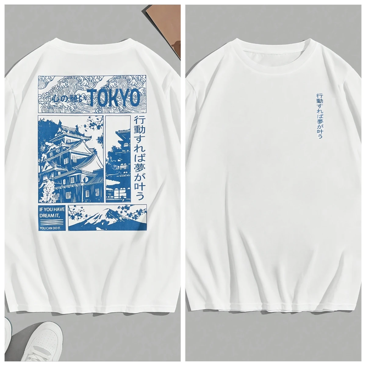Tokyo Skyline Japan Architecture Camiseta casual de manga corta para hombre con estampado gráfico blanco con letras azules actividad al aire libre