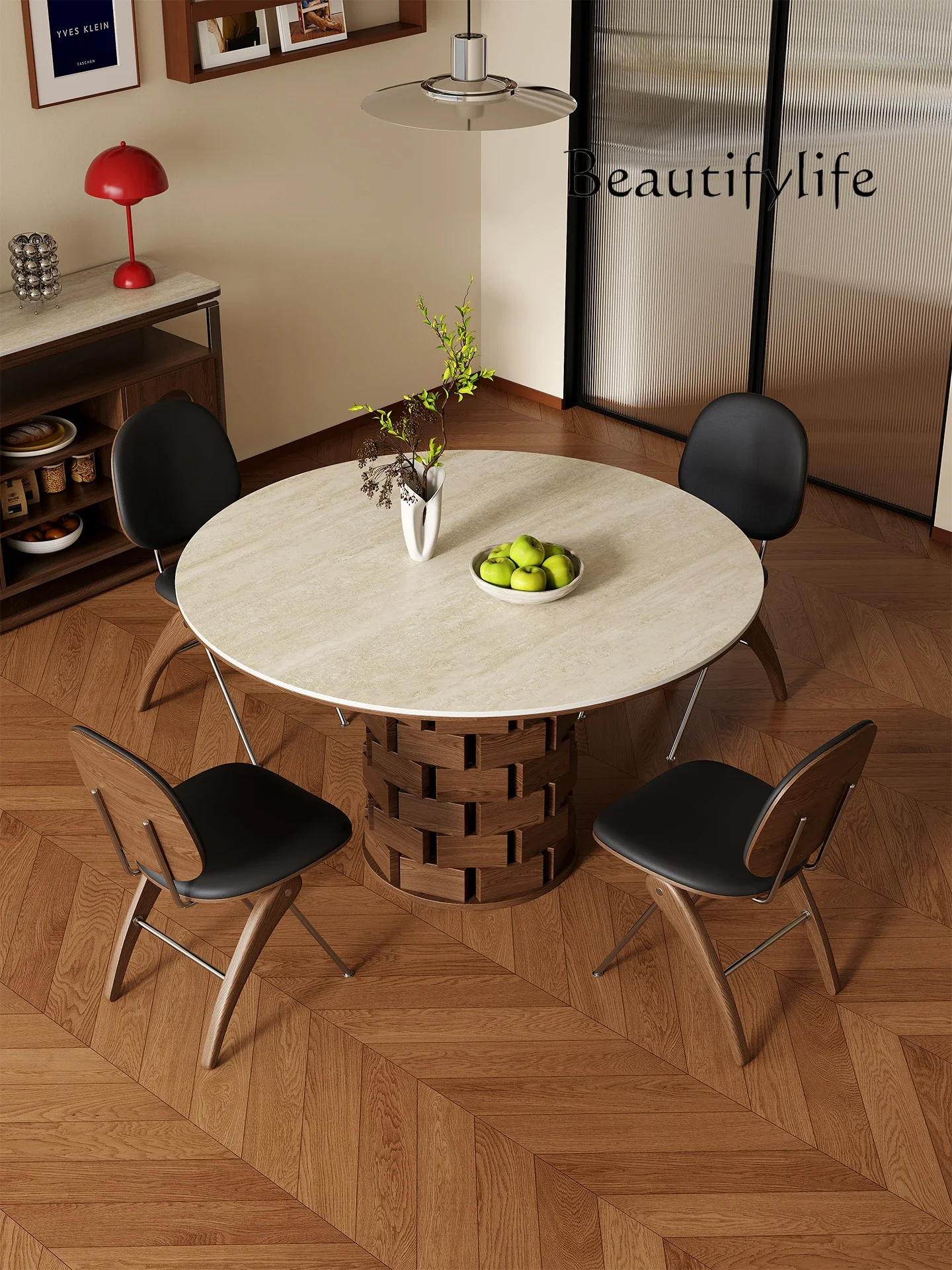 

Medieval style rock slab round travertine dining table solid wood ash wood retro style designer high sense