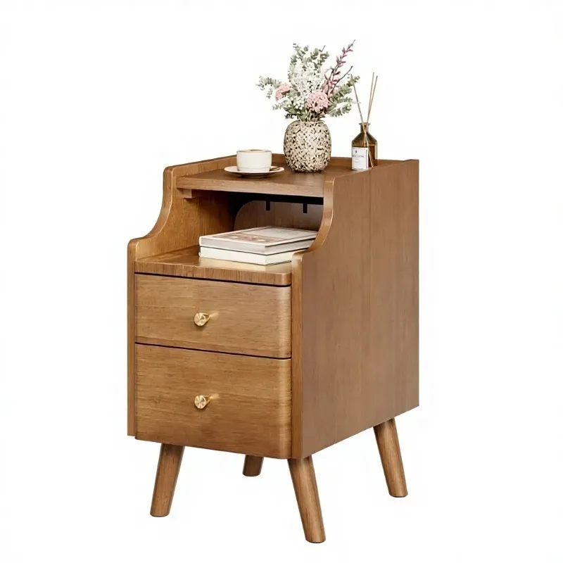Wood Night Stand with 2 Drawers, Walnut Mid Century Modern Nightstand, Small Beside Table with Open Storage Shelf for Bedroom