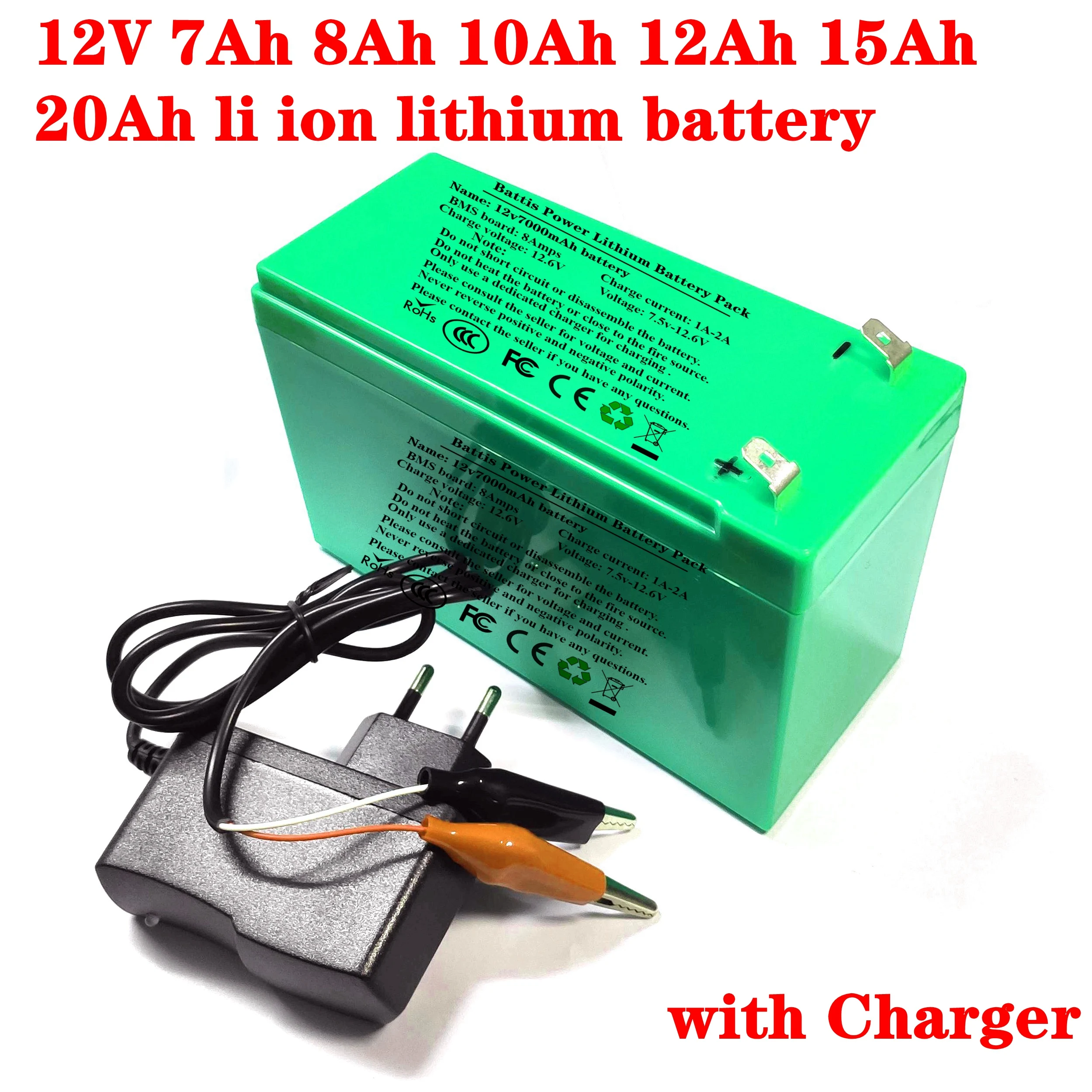 Batería de litio de iones de litio de 12V, 7Ah, 8Ah, 10Ah, 12Ah, 15Ah, 20Ah, para balanza pulverizadora, control de acceso, avión de juguete para niños + cargador 1A