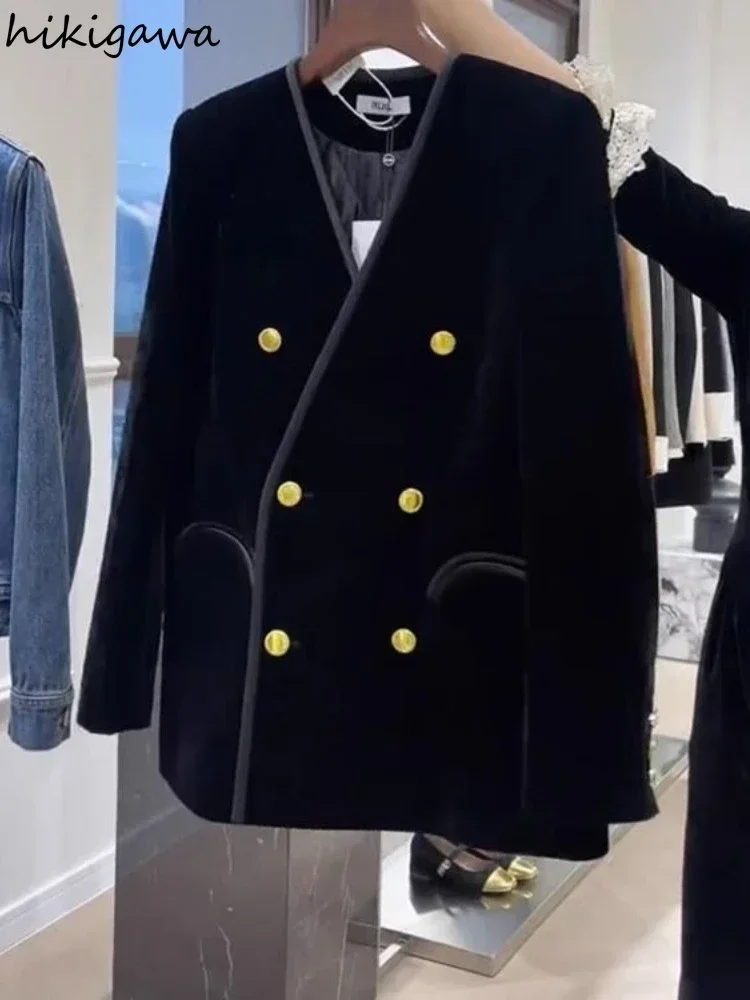 Vintage Fluwelen Jassen voor Vrouwen V-hals Lange Mouw Double Breasted Losse Oversized Uitloper Dikke Temperament Jas Tops 7m977