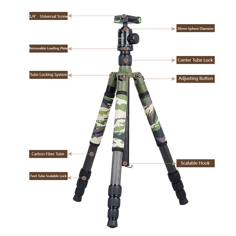 COBONE Camouflage Carbon Fiber Tripod Panoramic Ball Head DSLR Camera Monopod Hunting Bracket Load-Bearing 16KG