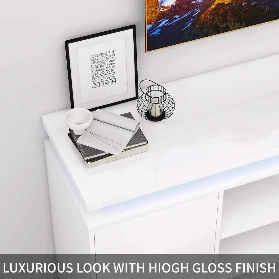 Suporte de TV brilhante, centro de entretenimento moderno com armazenamento, 2 portas para TVs de até 60 polegadas, mesa de console de mídia com luzes LED