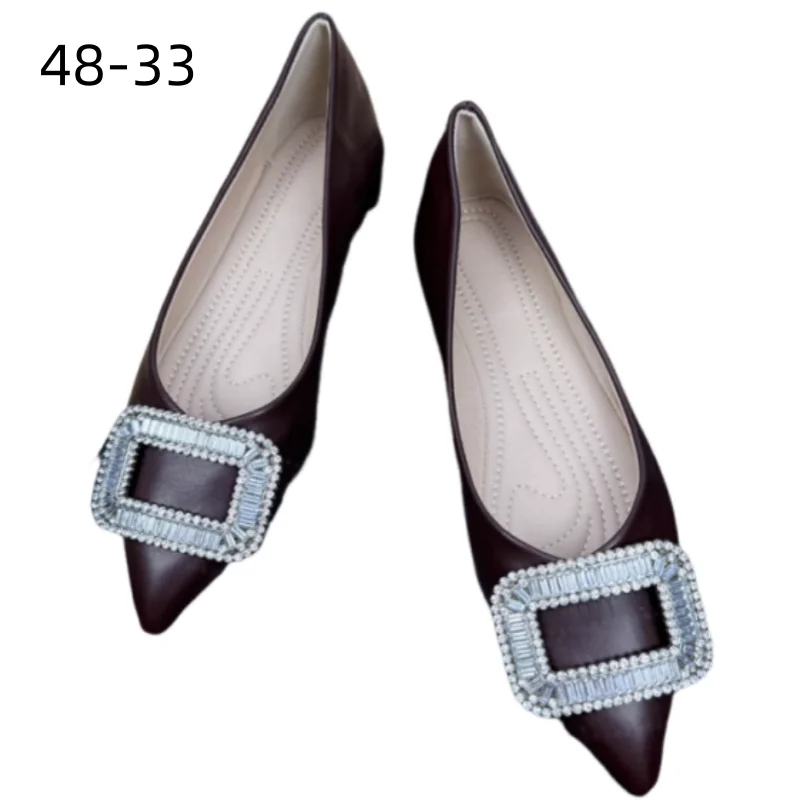 2025 New Arrivals V Shape Lady Barefoot Causal leather Shoes With Luxury Crystal Buckle Trendy Wine White Pointy Tip Flats 48 33
