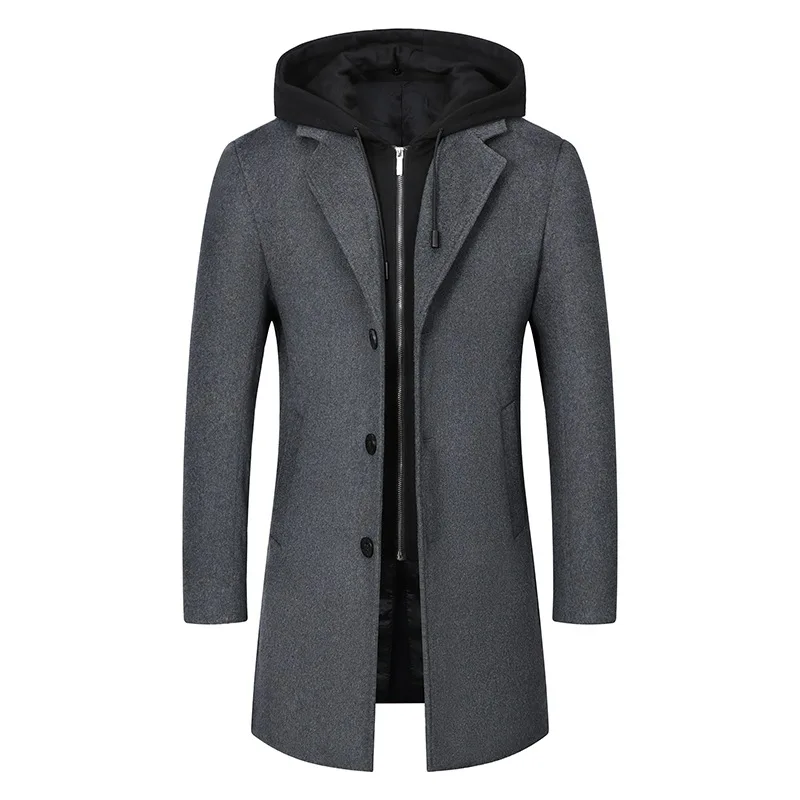 Winter Men\'s Woolen Coat Hooded Fake Two Piece Thickened Men Long Cashmere Coat Business Casual High Quality Men Park coat men