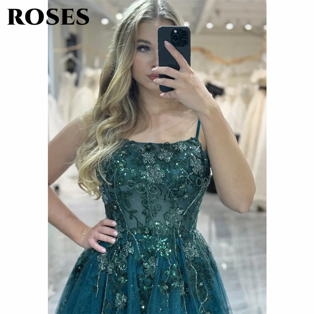 ROSES Glitter Dark Green Evening Dress A-Line Tulle فستان سهرة Spaghetti Straps Appliqued Lace Prom Dress Side Split Party Dress