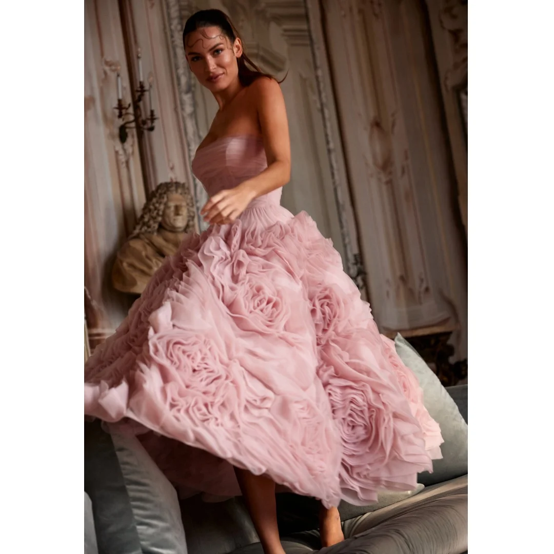 

Pink Strapless Evening Dresses Illusion Corset Layers Wedding Party Dress Customized Prom Gown Exquisite Vestidos