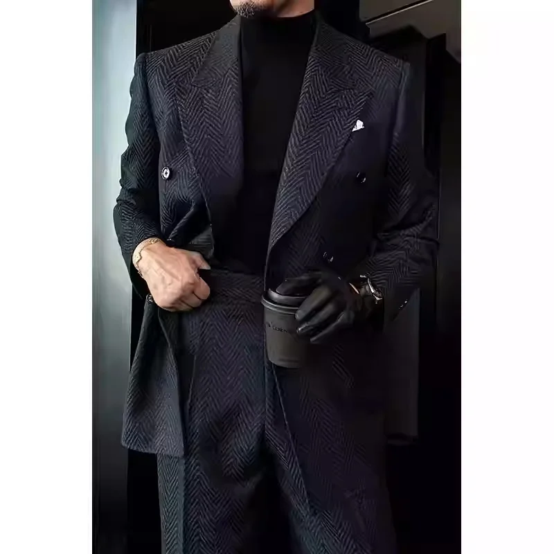 

Men's Double Breasted Herringbone Suit Set Black Formal Business Blazer Pants 2 Piece Elegant Party Wedding Formal Jacket Wear