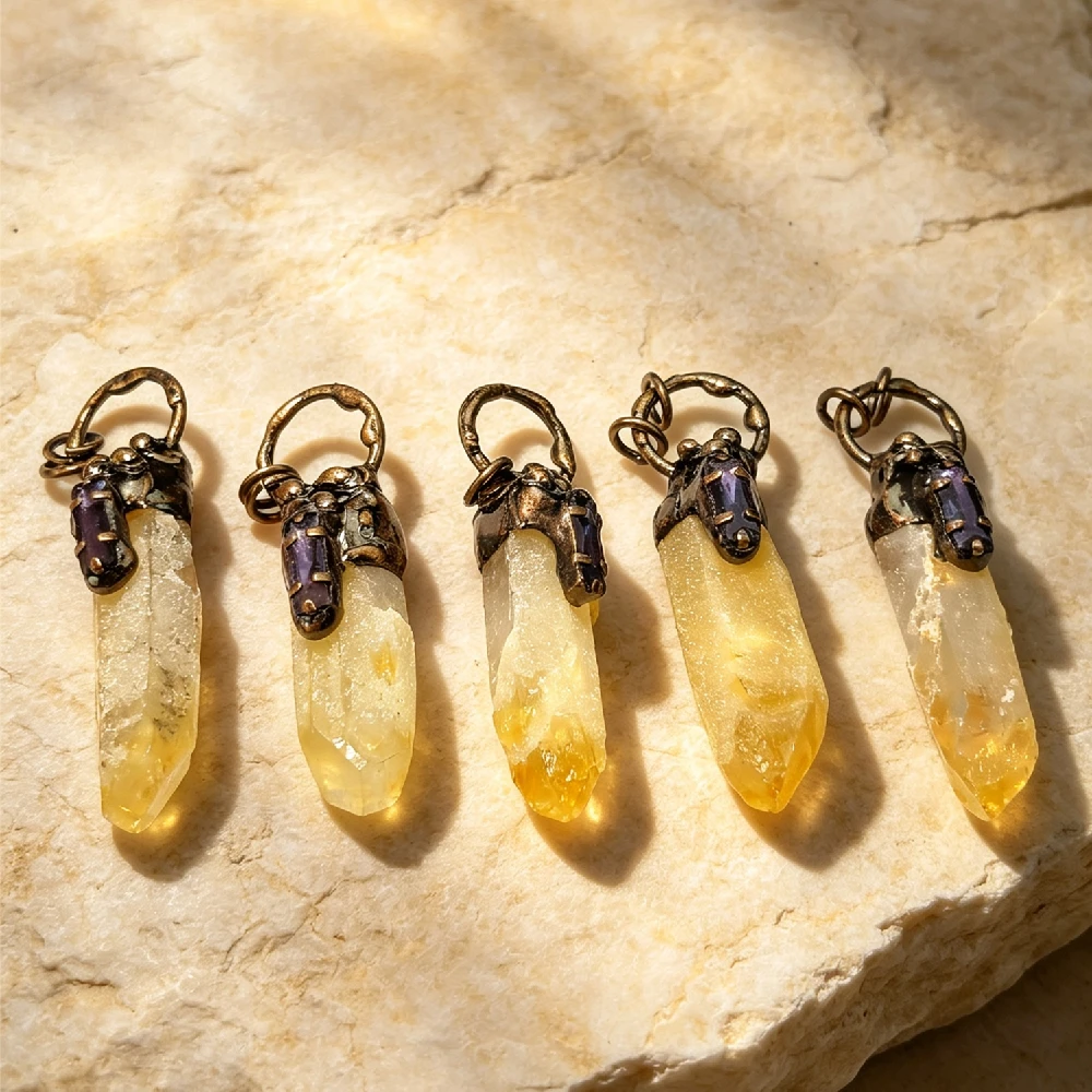 1PC Raw Pointed Natural Mineral Pendant Vintage Metal Wrapped Ornament Necklace Charm Golden Plated P2D1072